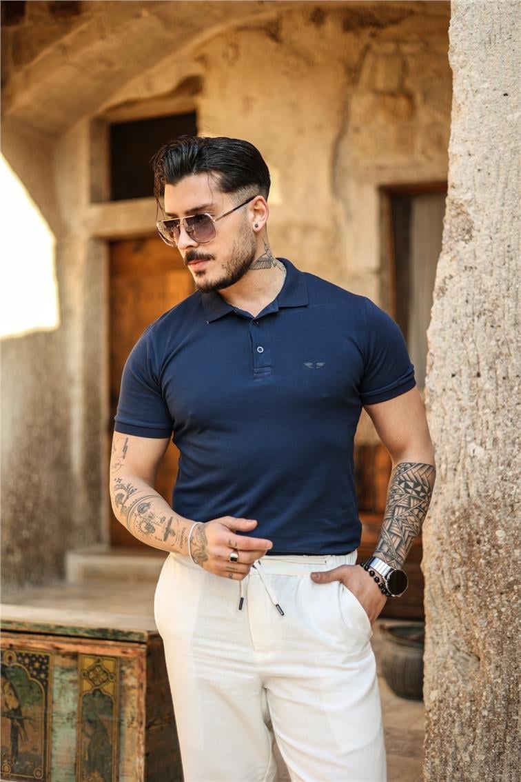 Polo Yaka Minimal Baskılı T-Shirt Lacivert