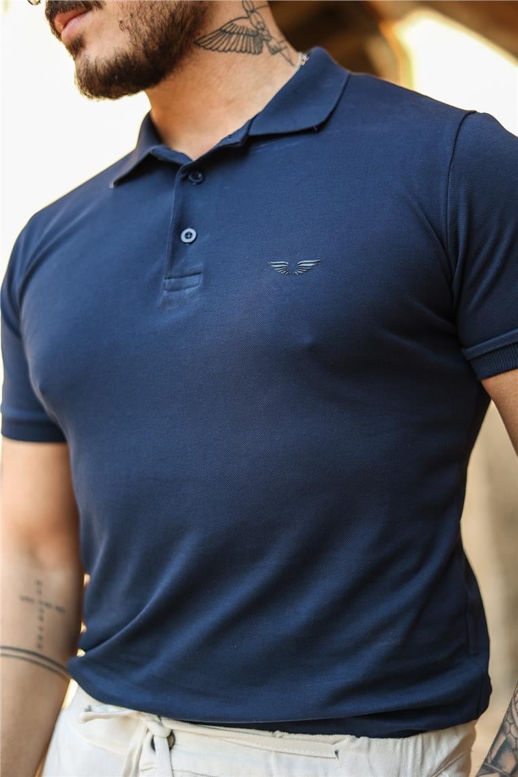 Polo Yaka Minimal Baskılı T-Shirt Lacivert