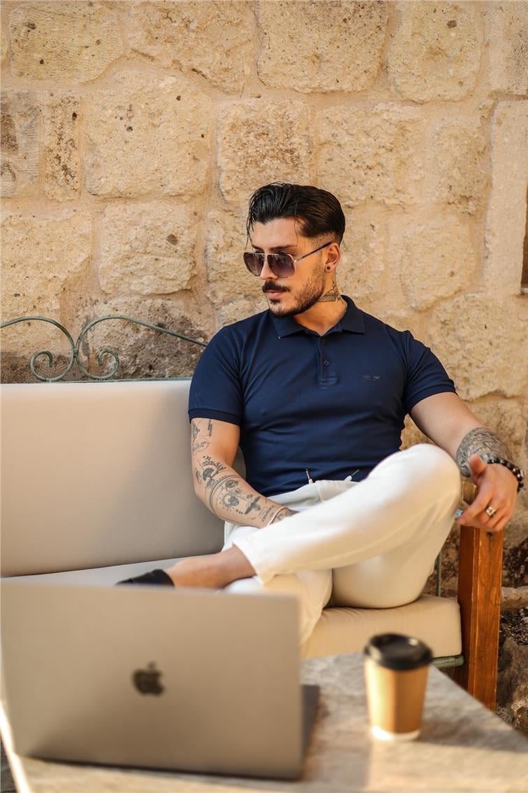 Polo Yaka Minimal Baskılı T-Shirt Lacivert