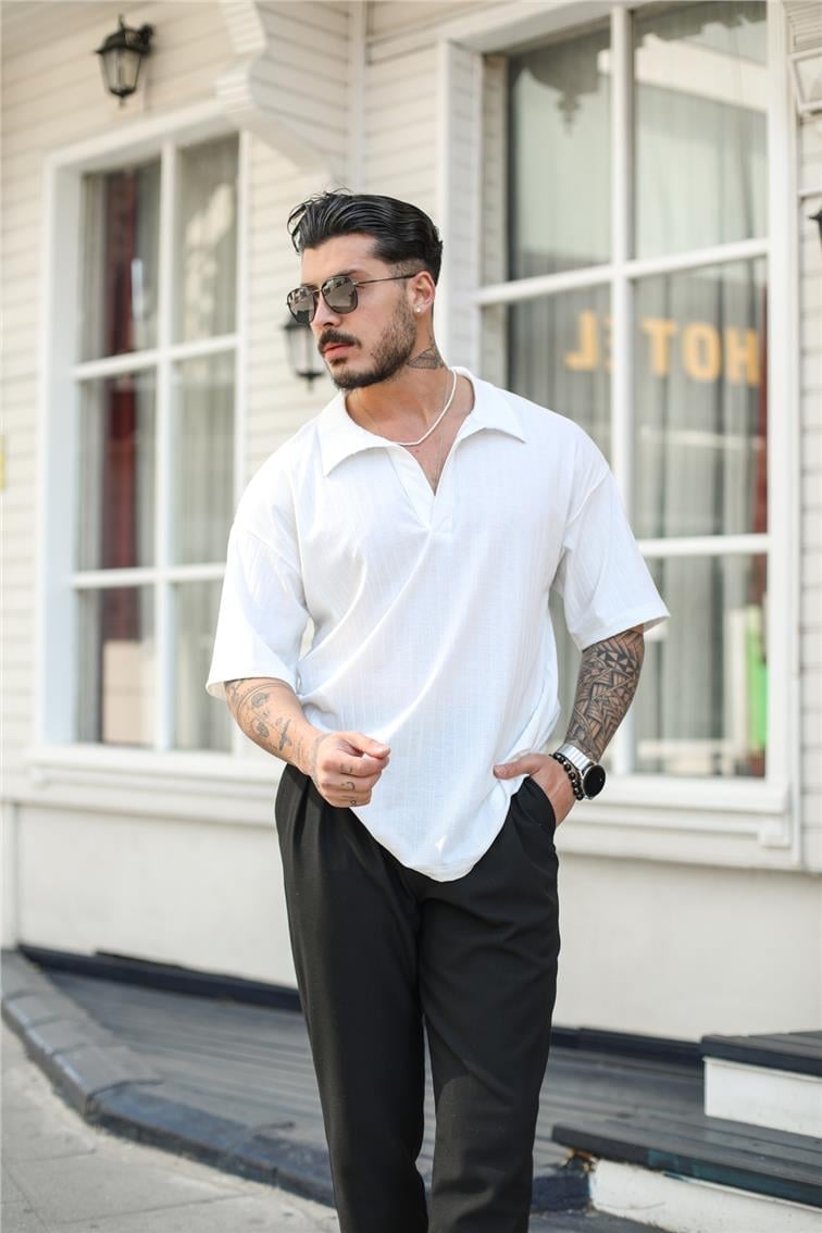 Polo Yaka Oversize T-Shirt Beyaz