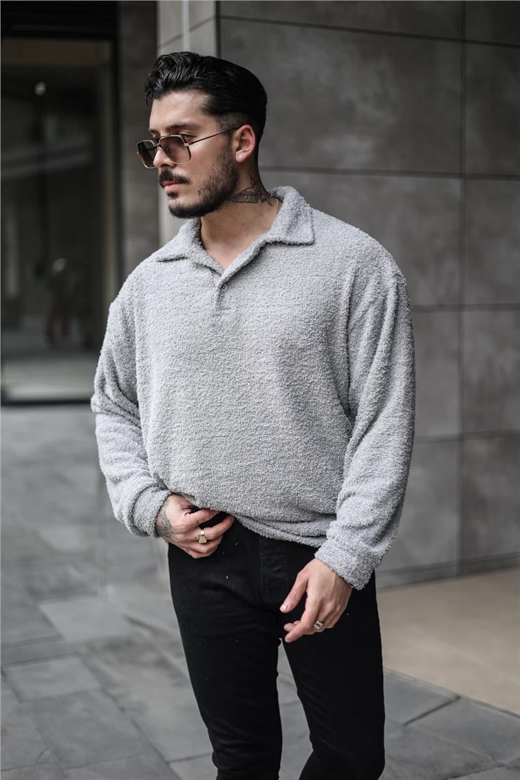 Polo Yaka Yün Oversize Kazak Gri