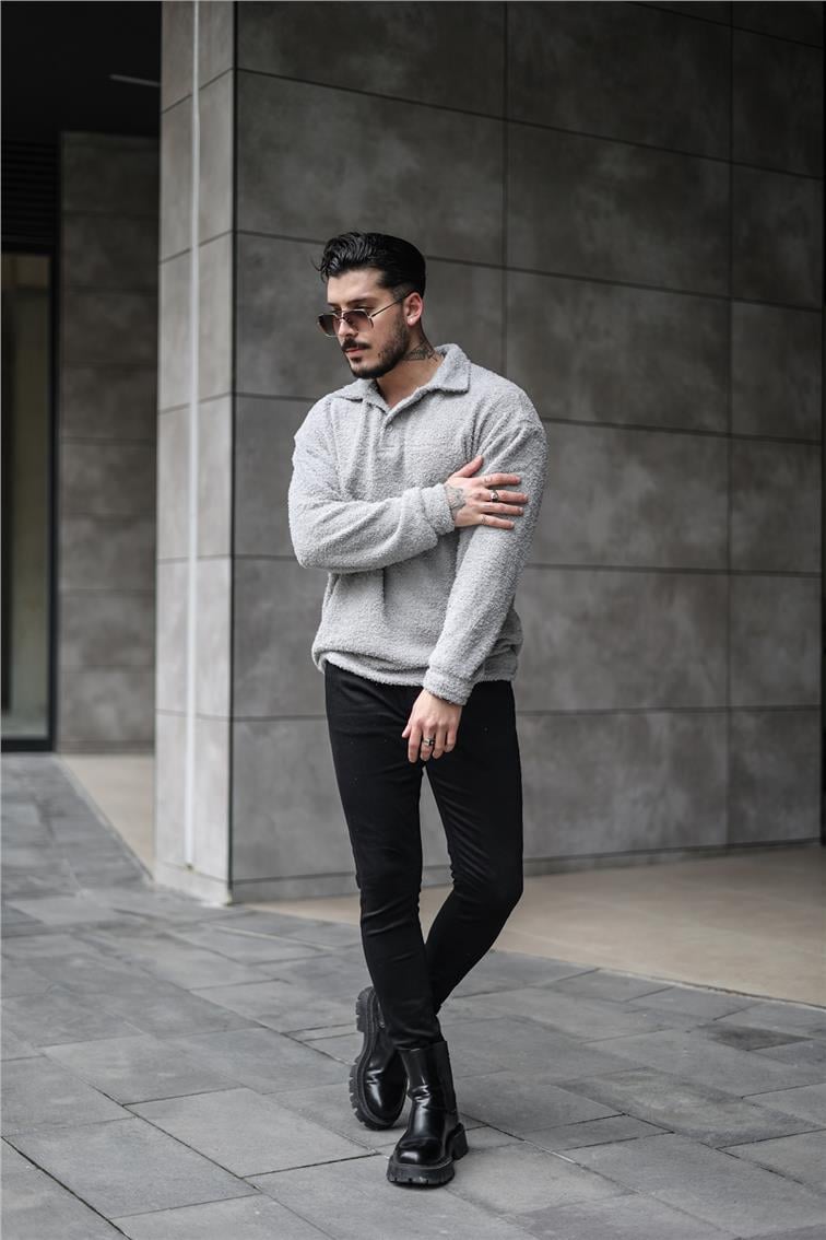 Polo Yaka Yün Oversize Kazak Gri