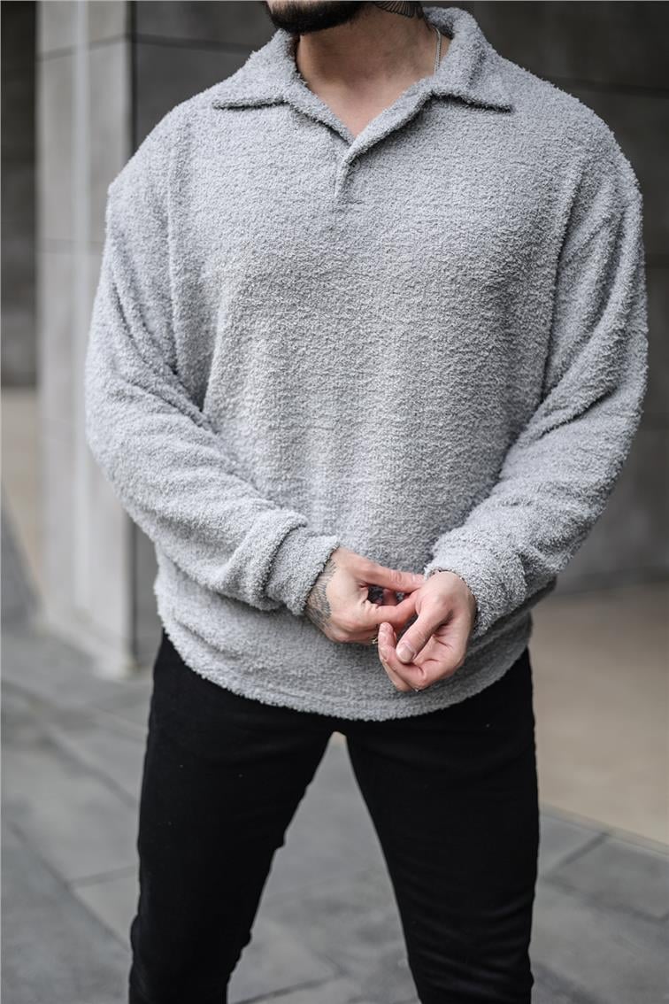 Polo Yaka Yün Oversize Kazak Gri