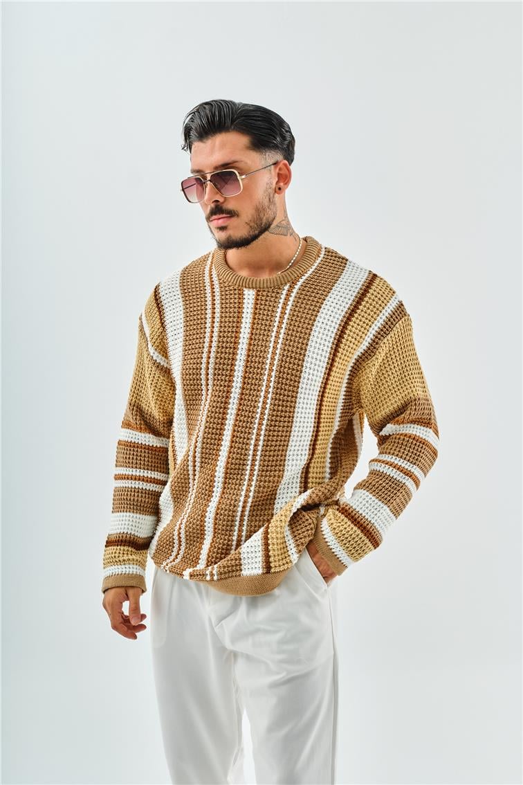 Renkli Şeritli Örme Oversize Kazak Kahve