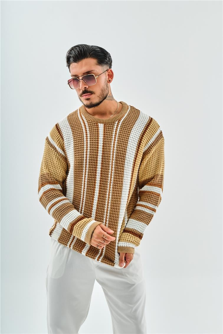 Renkli Şeritli Örme Oversize Kazak Kahve