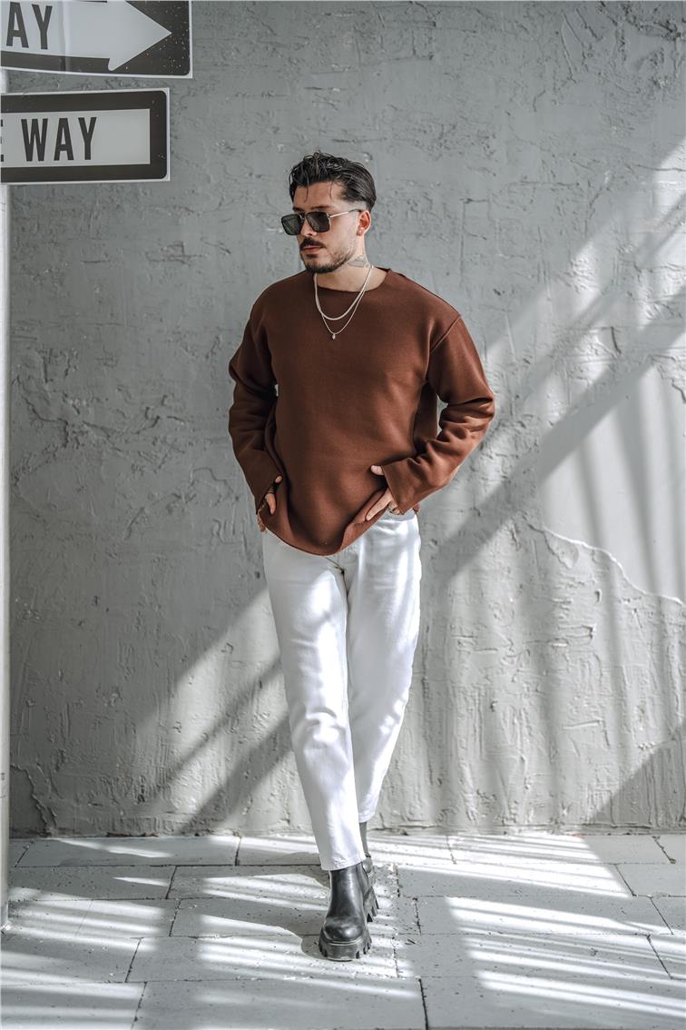 Şardonlu Lazer Kesim Oversize Sweatshirt Kahve