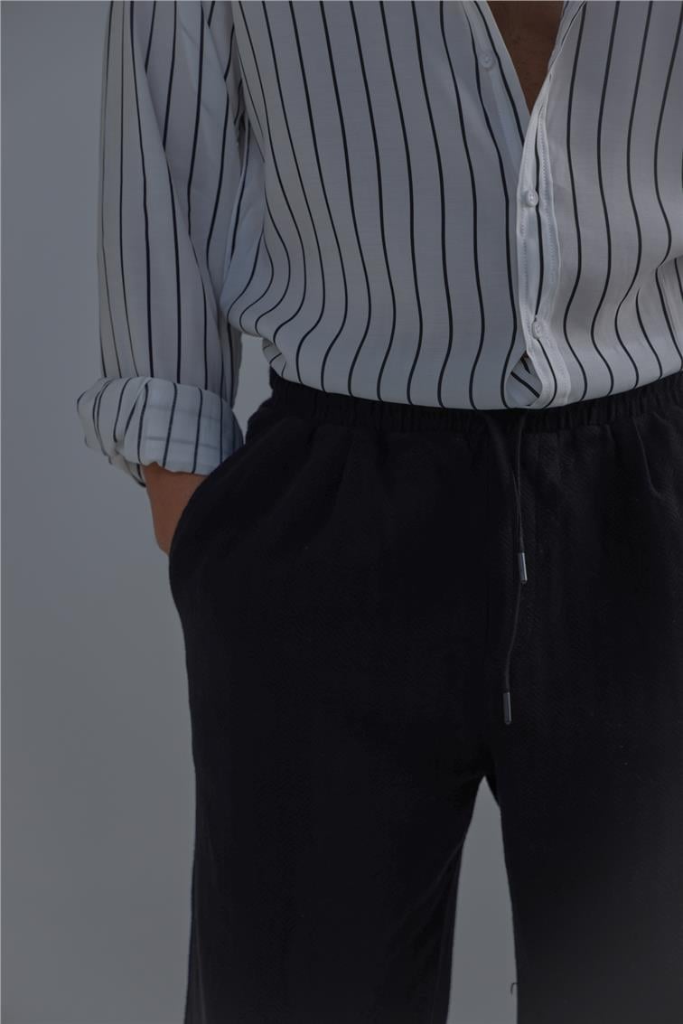Şeritli Linen Baggy Pant. Siyah