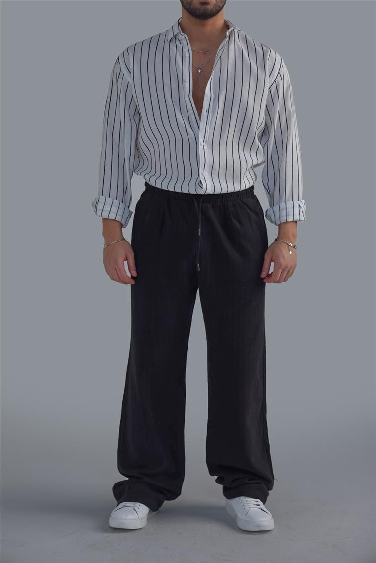 Şeritli Linen Baggy Pant. Siyah