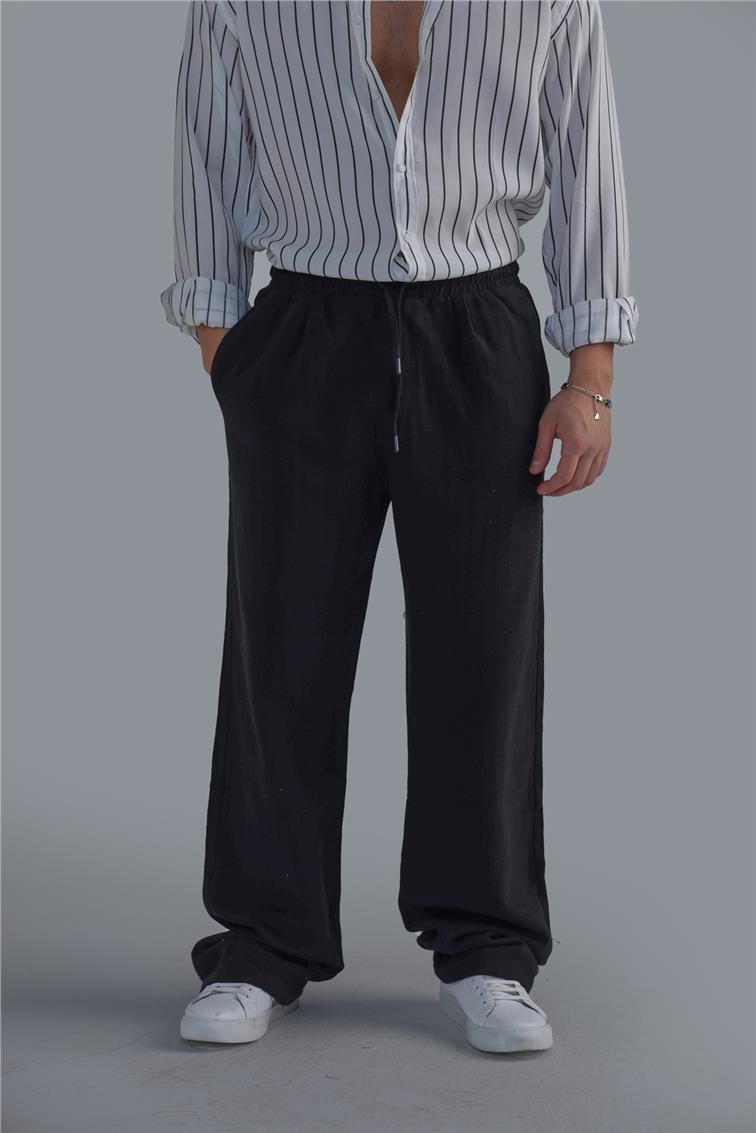Şeritli Linen Baggy Pant. Siyah