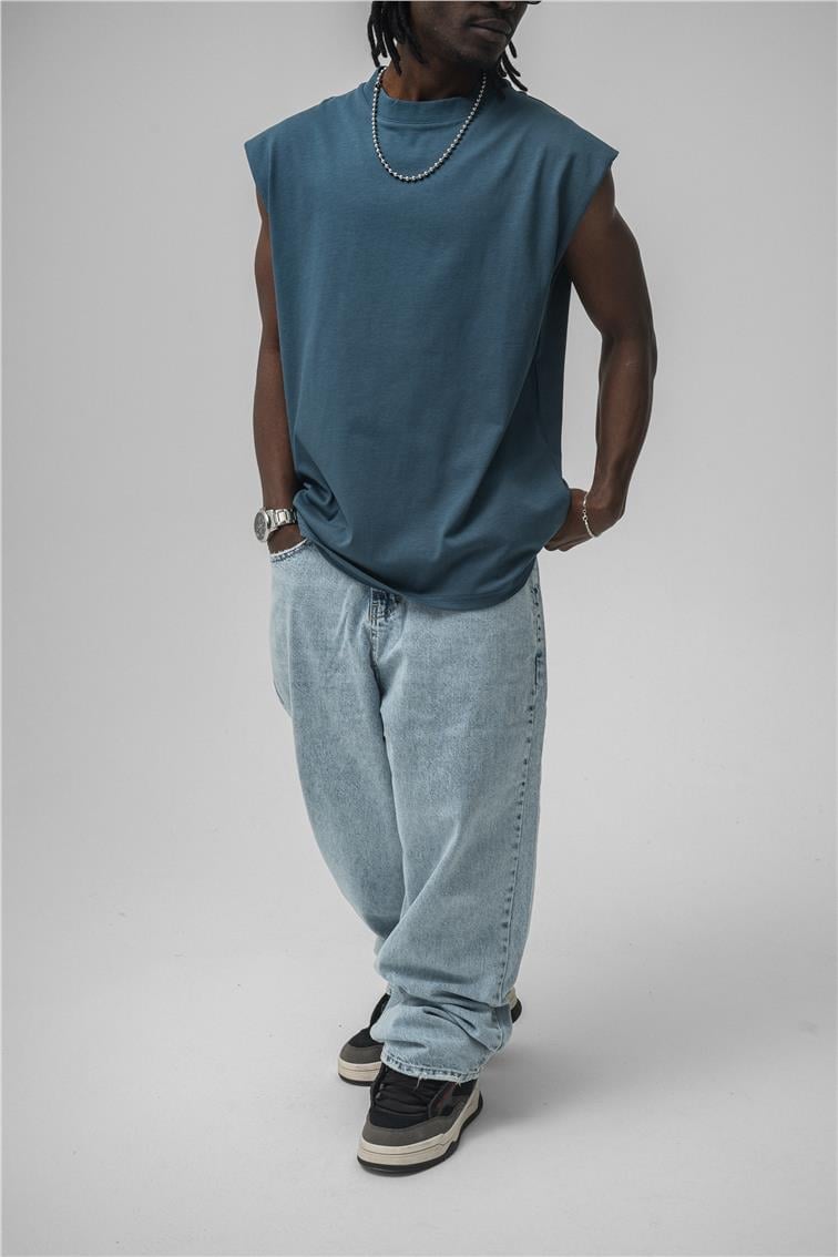 Sıfır Kol Oversize T-Shirt İndigo
