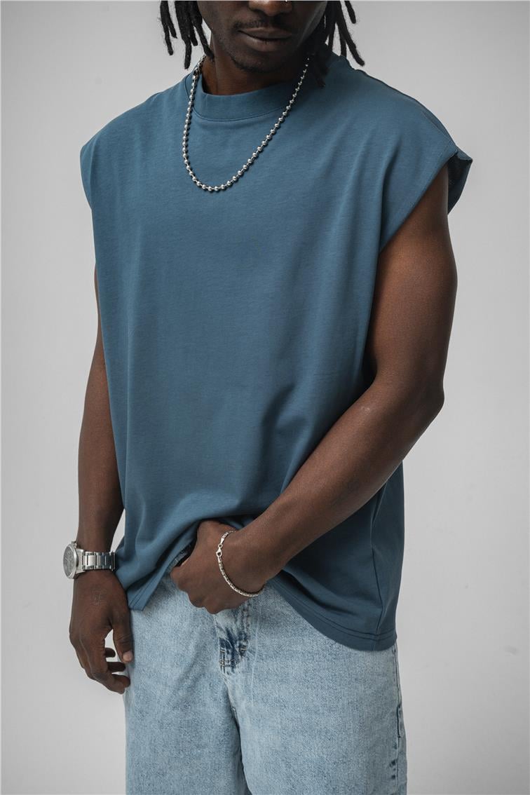 Sıfır Kol Oversize T-Shirt İndigo