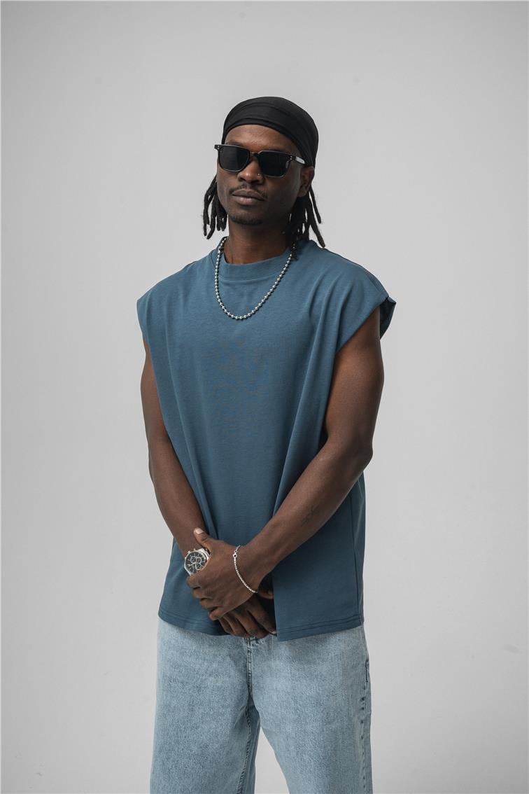 Sıfır Kol Oversize T-Shirt İndigo