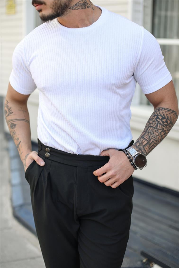 Slim Fit Çizgili T-Shırt Beyaz