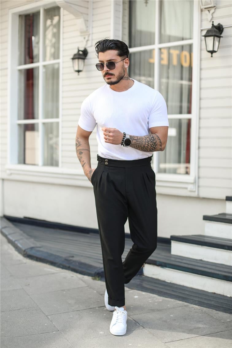 Slim Fit Çizgili T-Shırt Beyaz