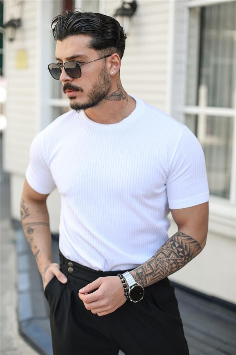 Slim Fit Çizgili T-Shırt Beyaz