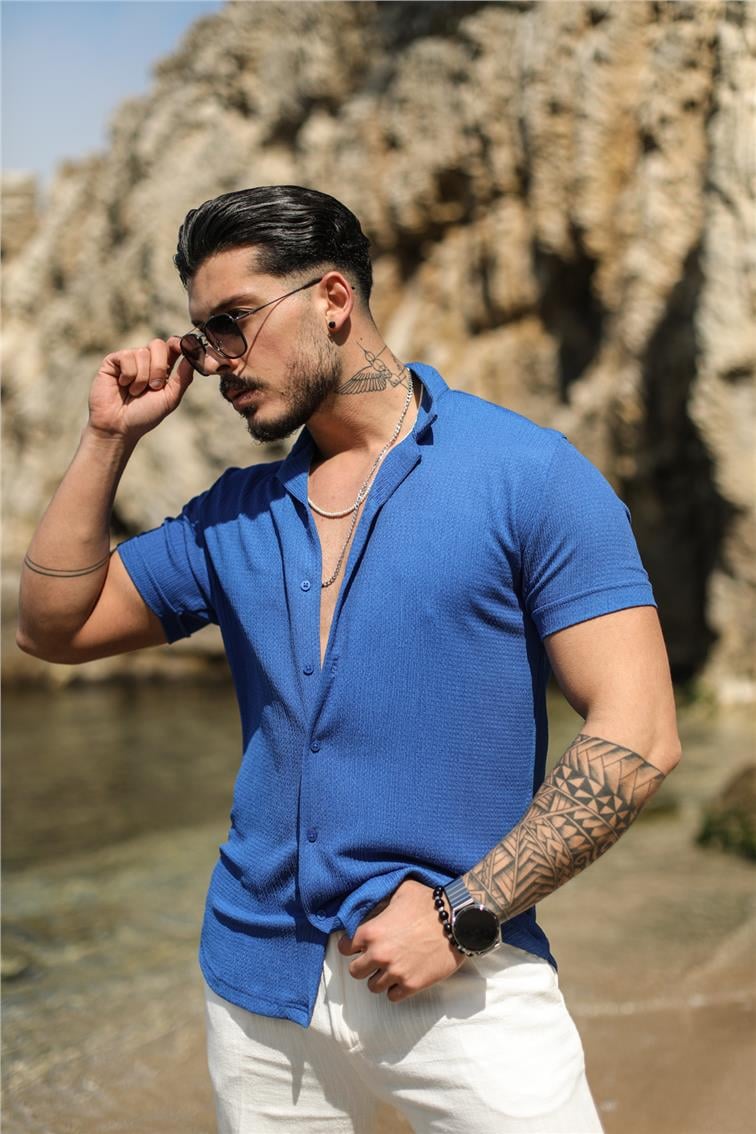 Slim Fit Pilili Kısa Kol Gömlek Koyu Mavi