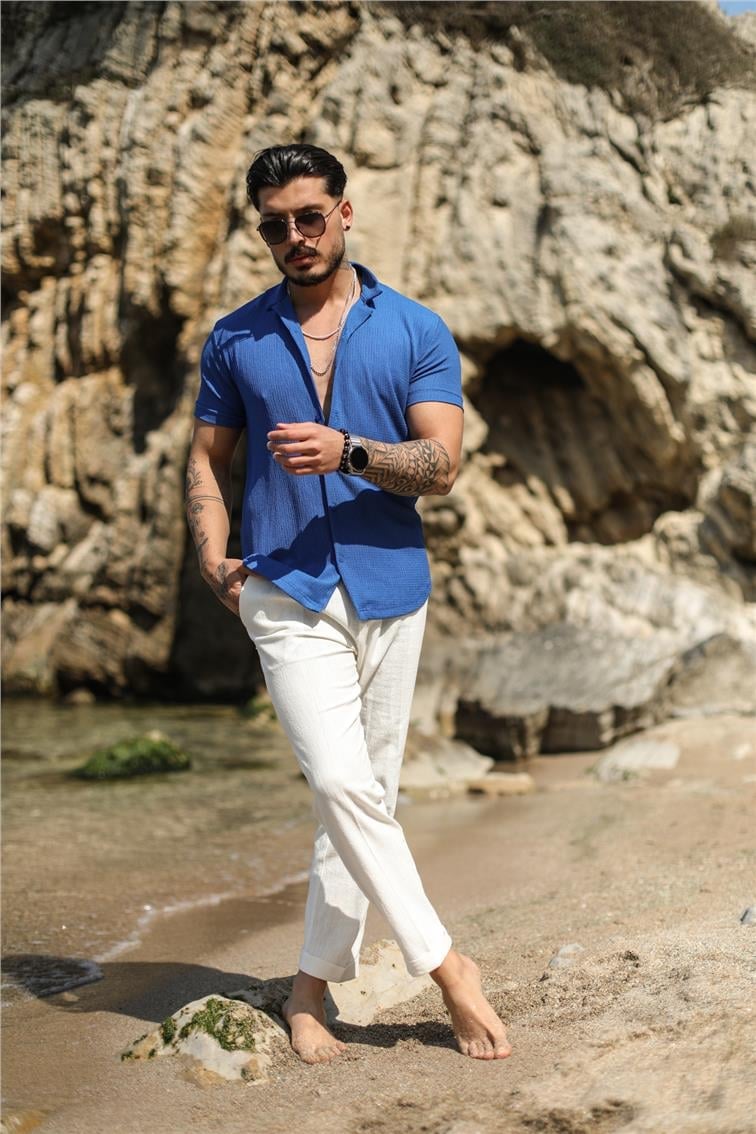 Slim Fit Pilili Kısa Kol Gömlek Koyu Mavi