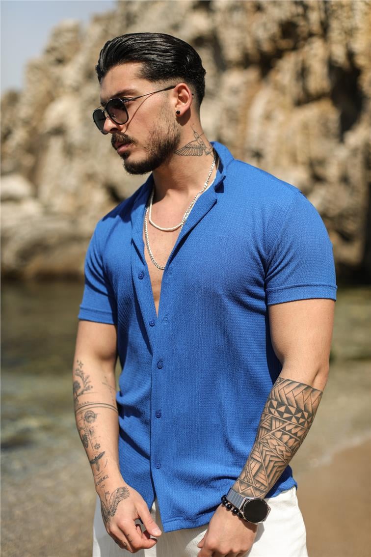 Slim Fit Pilili Kısa Kol Gömlek Koyu Mavi