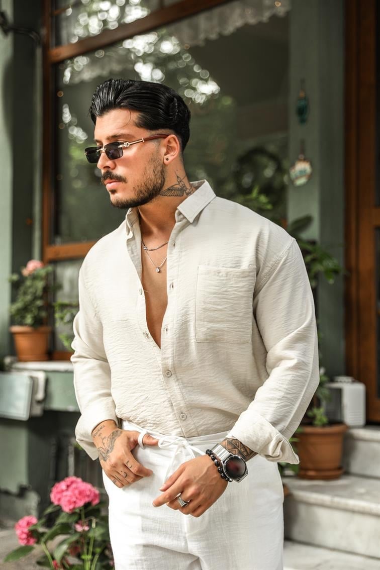 Tek Cepli Saten Oversize Gömlek Bej