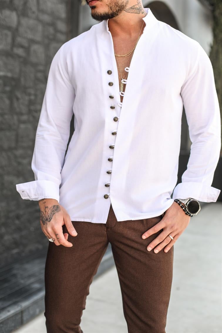Toka Düğme Detaylı  Regular Fit Gömlek Beyaz