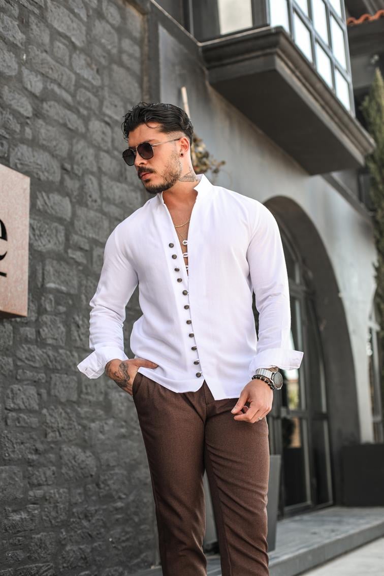 Toka Düğme Detaylı  Regular Fit Gömlek Beyaz