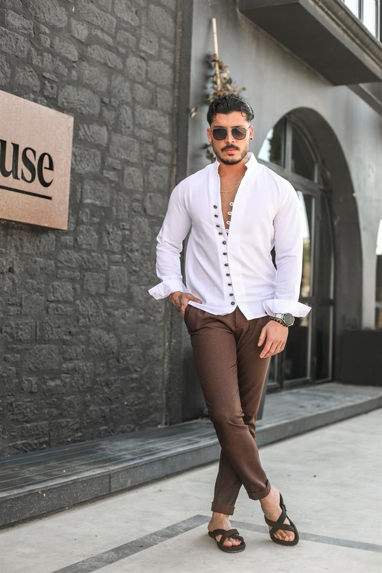 Toka Düğme Detaylı  Regular Fit Gömlek Beyaz