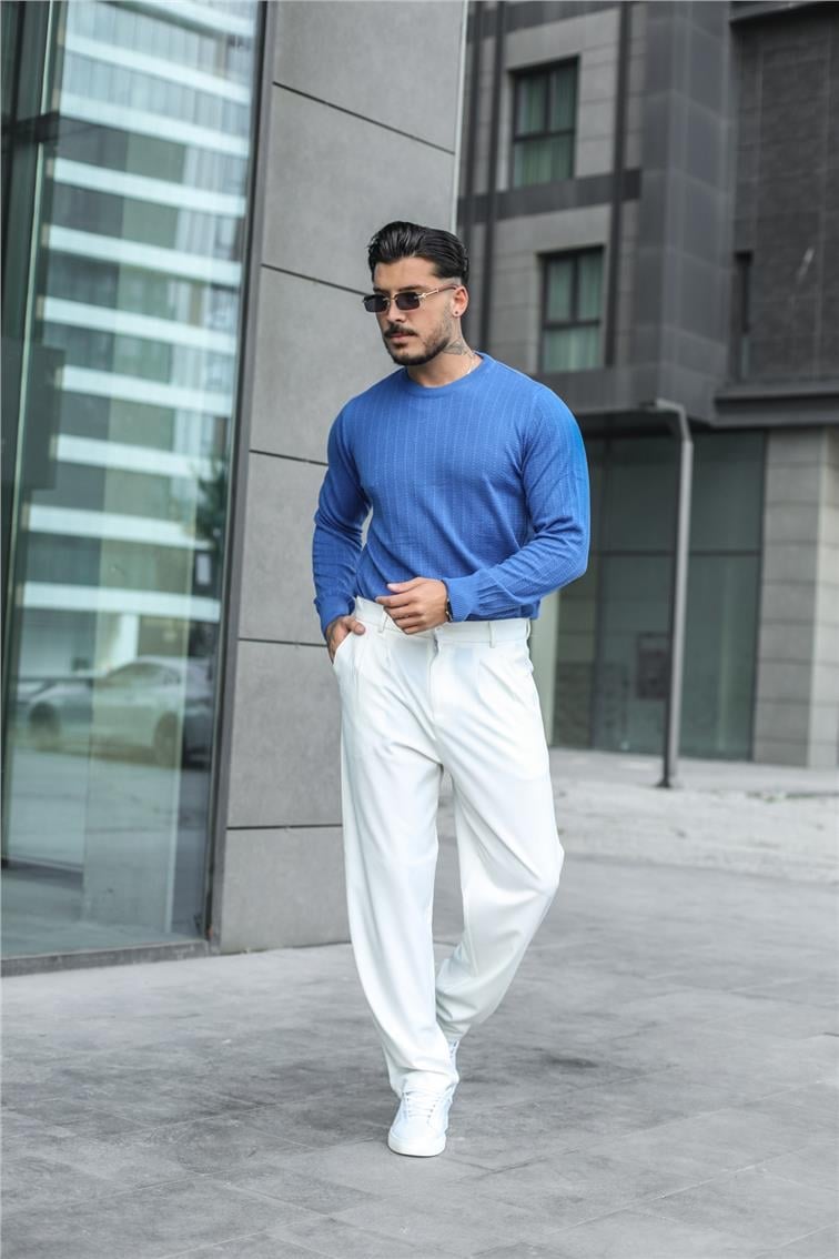 Triko Örme Detaylı Slim Fit Kazak Koyu Mavi