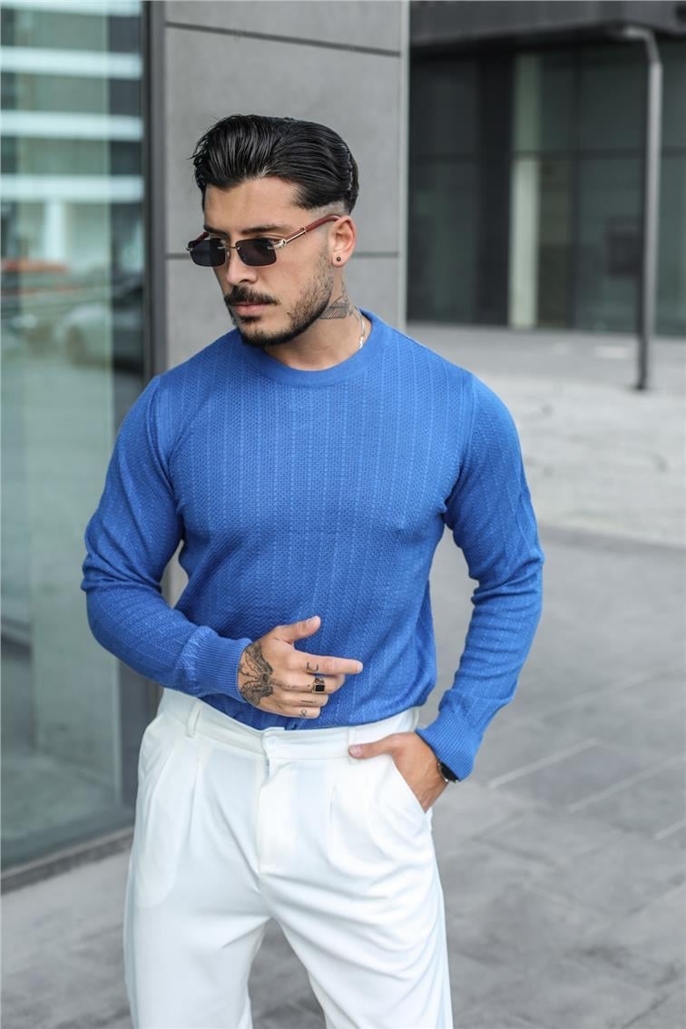 Triko Örme Detaylı Slim Fit Kazak Koyu Mavi