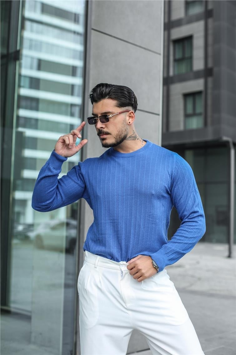 Triko Örme Detaylı Slim Fit Kazak Koyu Mavi