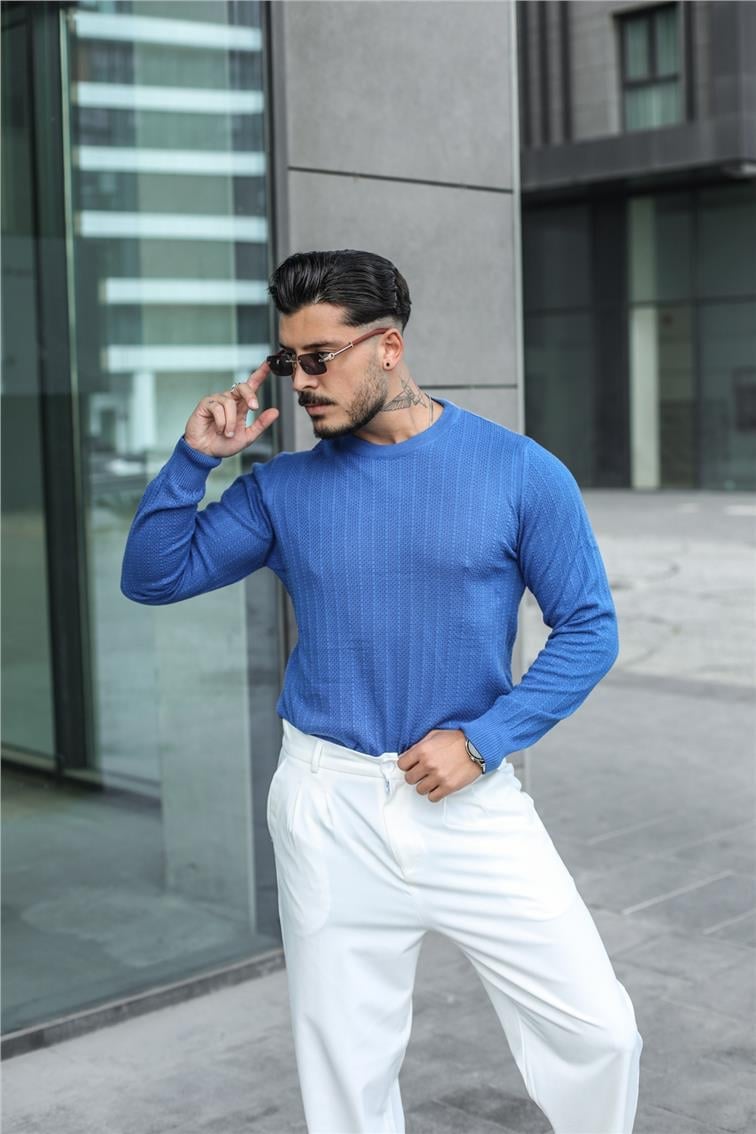 Triko Örme Detaylı Slim Fit Kazak Koyu Mavi
