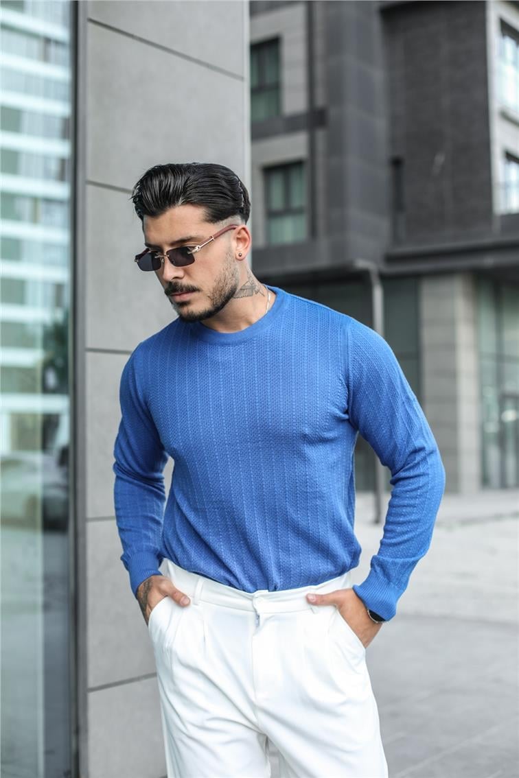 Triko Örme Detaylı Slim Fit Kazak Koyu Mavi