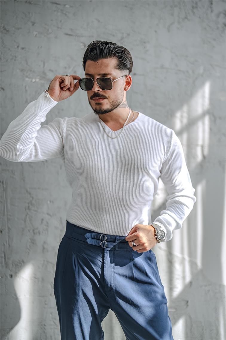 V Yaka Slim Fit Kazak Beyaz