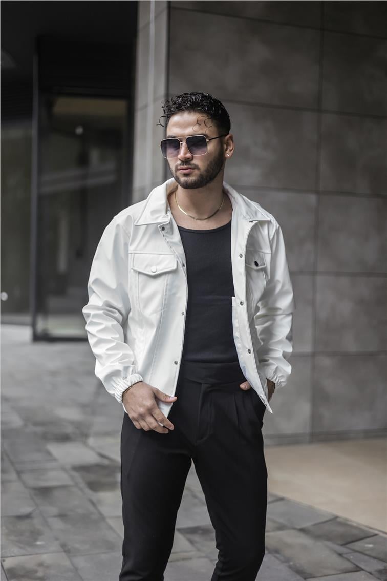 Vintage Fit Deri Ceket Beyaz