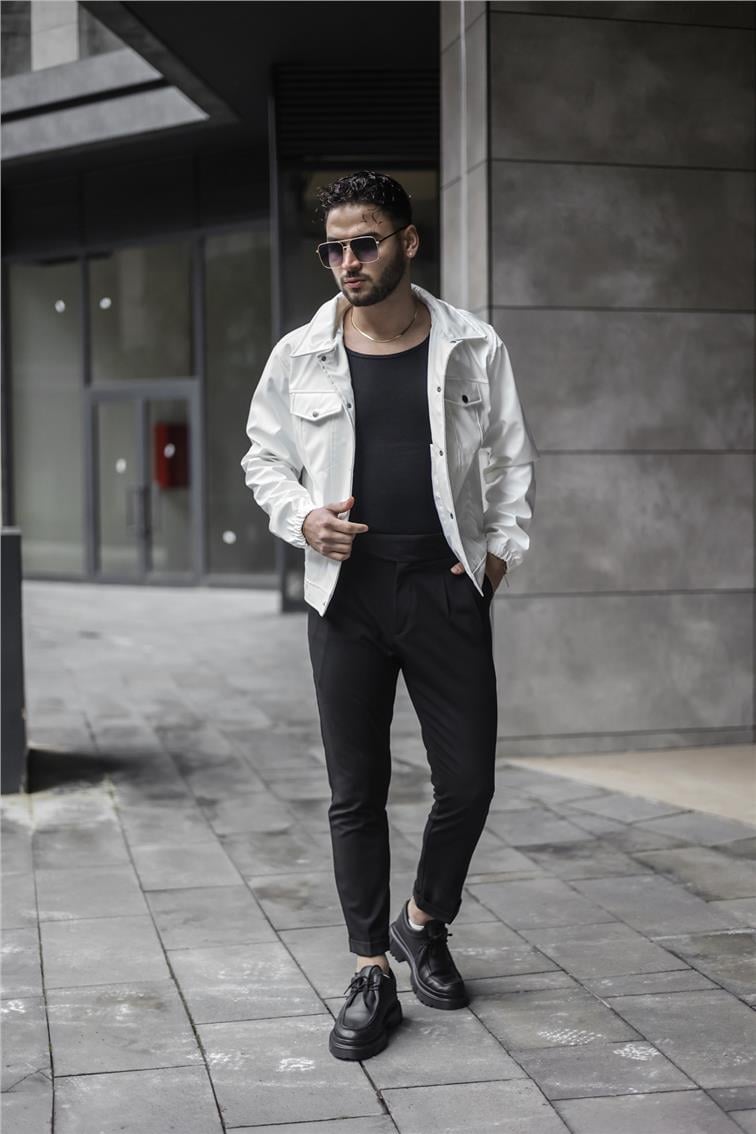 Vintage Fit Deri Ceket Beyaz