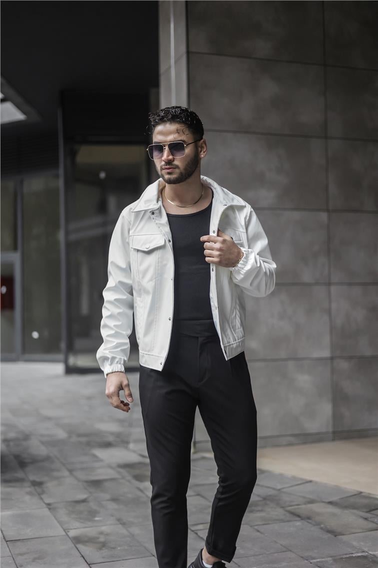 Vintage Fit Deri Ceket Beyaz