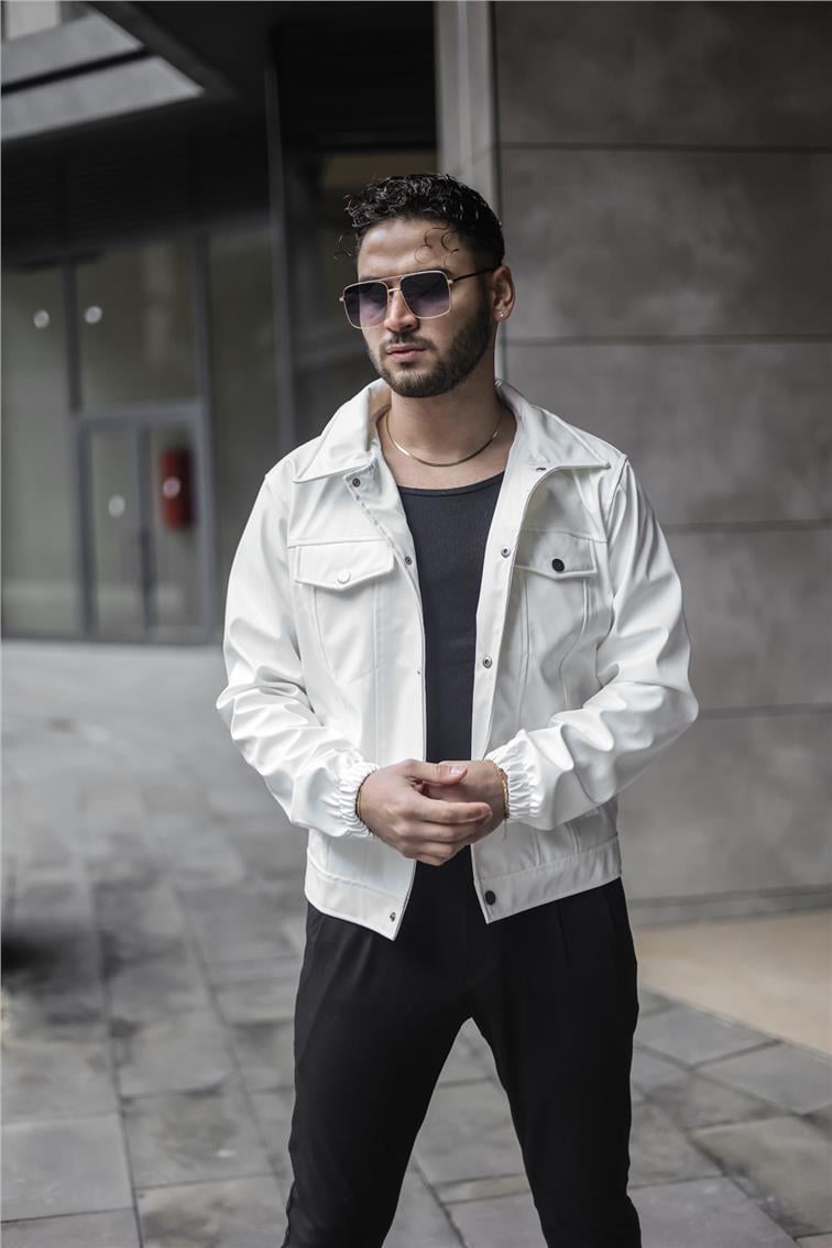 Vintage Fit Deri Ceket Beyaz