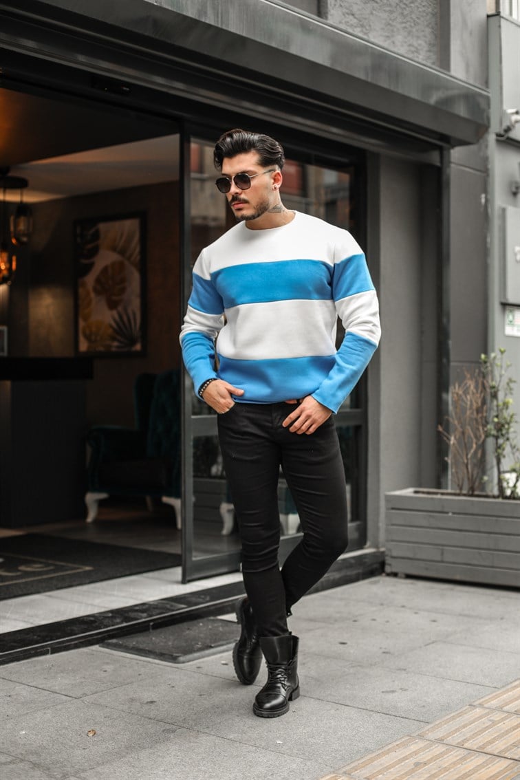 Yakasız Paralel Çizgili Sweatshirt