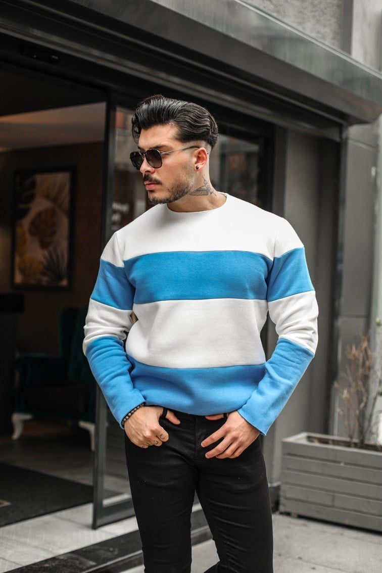 Yakasız Paralel Çizgili Sweatshirt