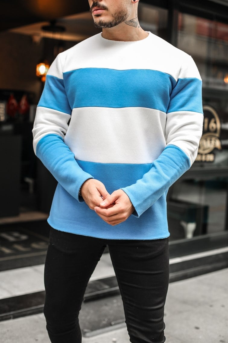 Yakasız Paralel Çizgili Sweatshirt