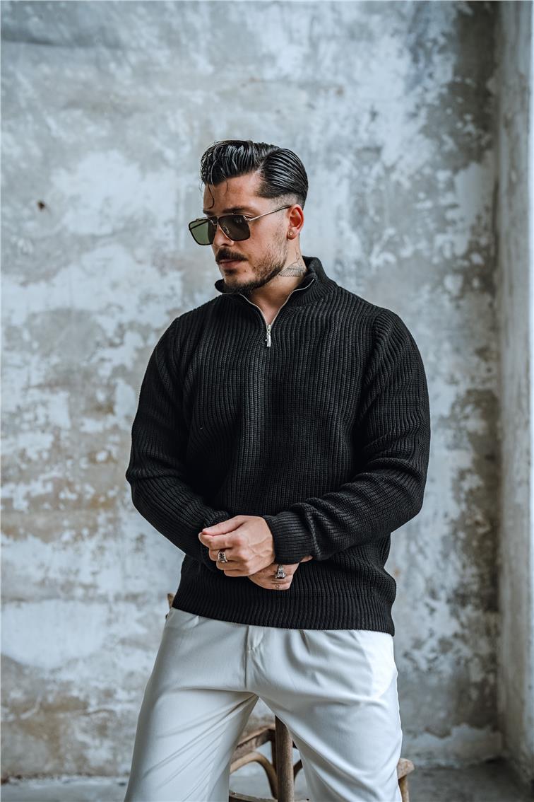 Yarım Fermuarlı Örme Oversize Kazak Siyah