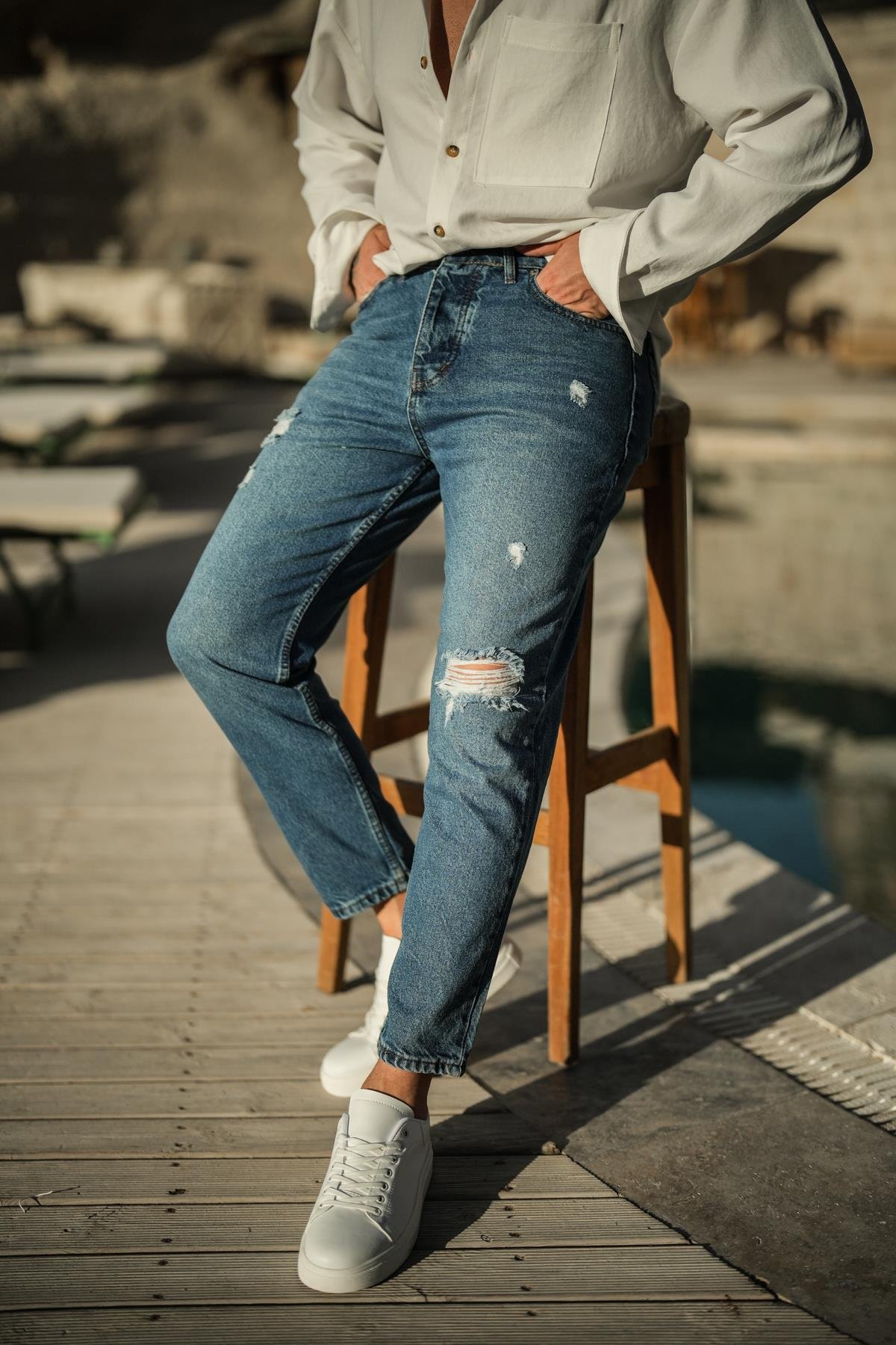 Yıkama Detaylı Mom Jean Mavi