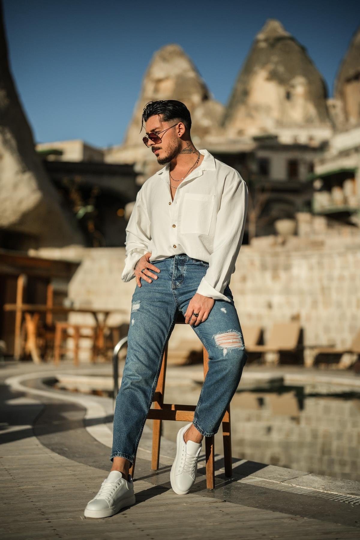 Yıkama Detaylı Mom Jean Mavi