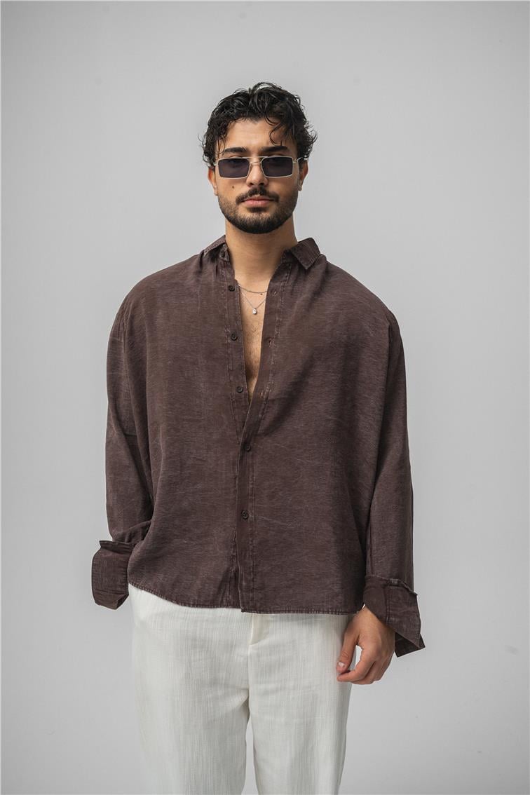 Yıkamalı Oversize Gömlek Kahve