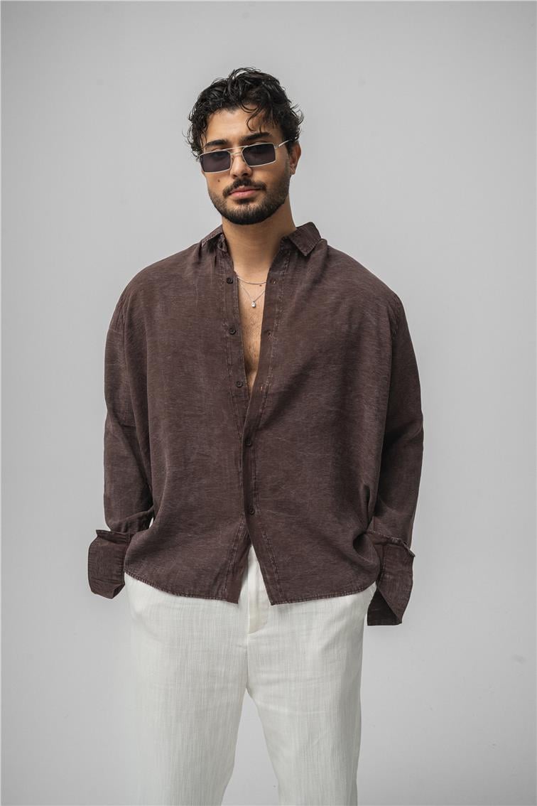 Yıkamalı Oversize Gömlek Kahve