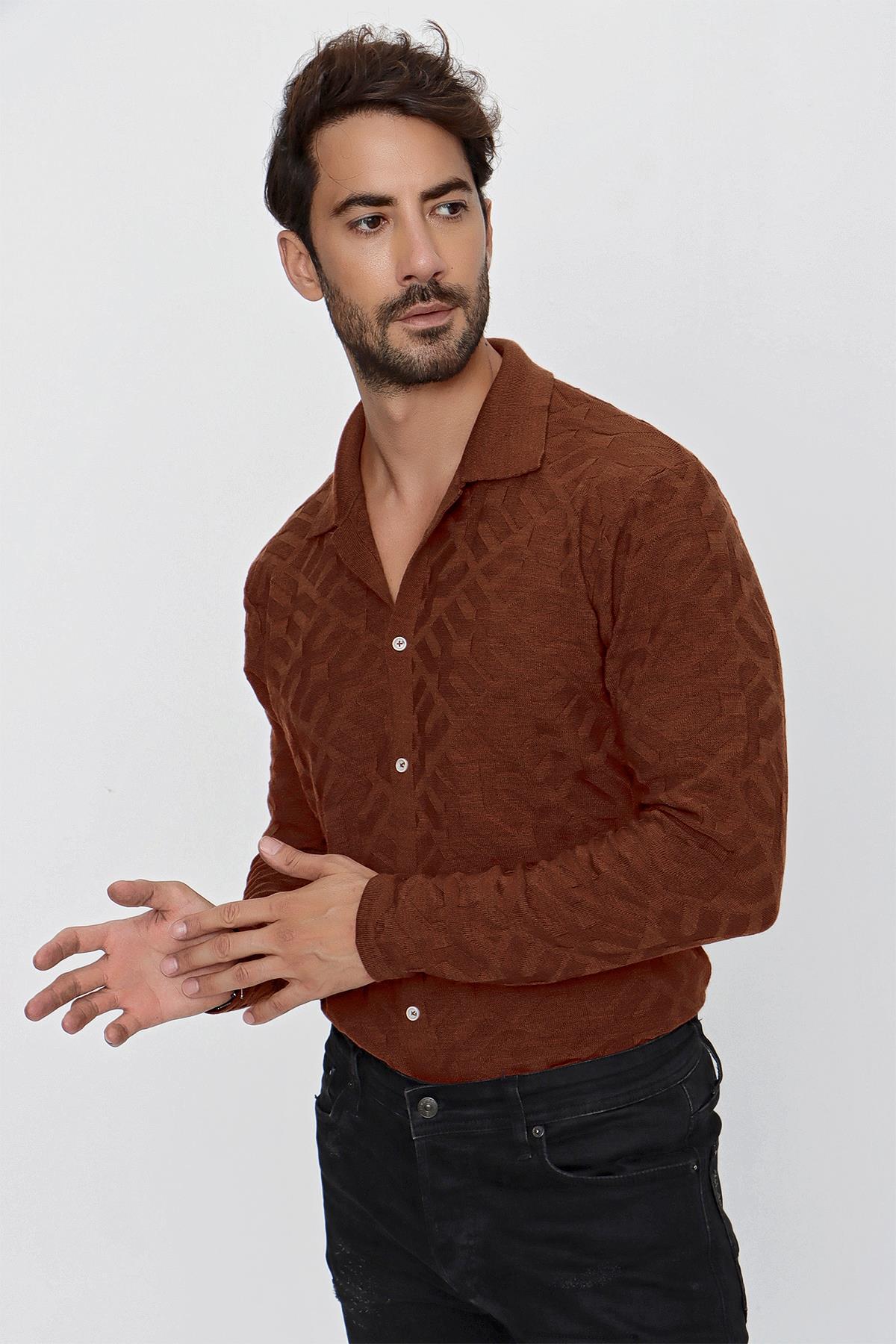 CHUBA Erkek Regular Fit Desenli Uzun Kollu Triko Gömlek Tarçın 23W211
