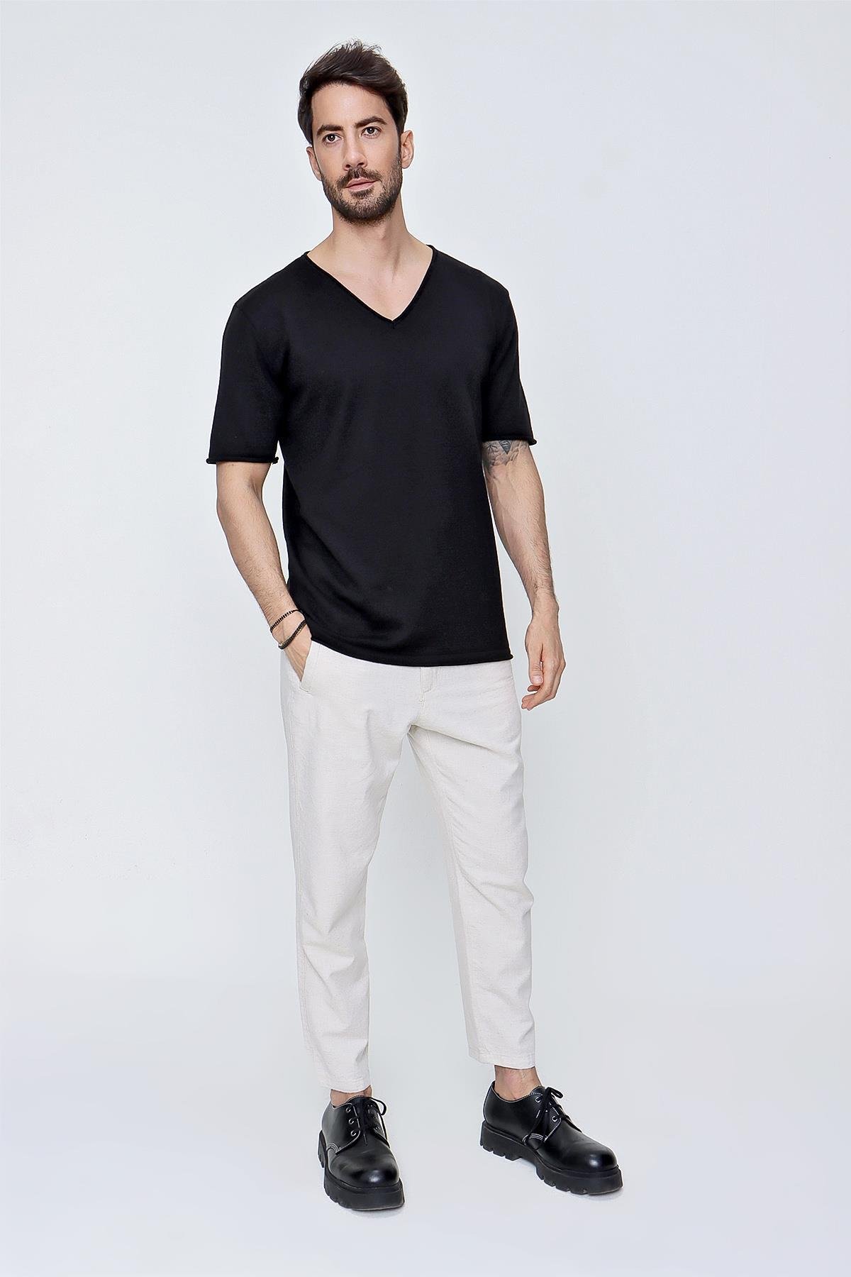 Chuba Erkek V Yaka Loose Fit Pamuklu İnce Triko T-Shirt Siyah  22SM204