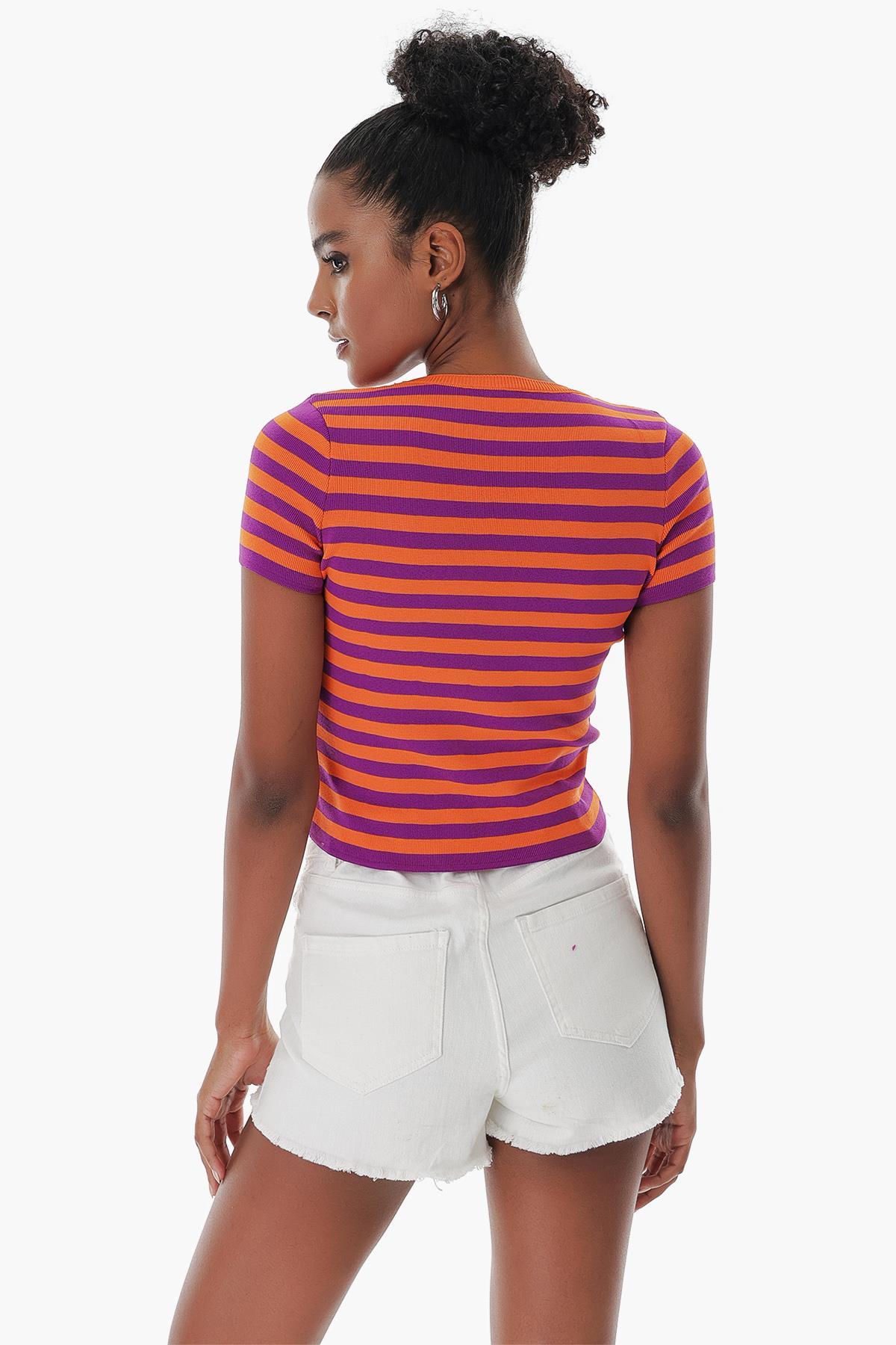 Chuba Kadın Bisiklet Yaka Çizgili Kısa Kollu Triko T-Shirt Mor-Turuncu 23S1011