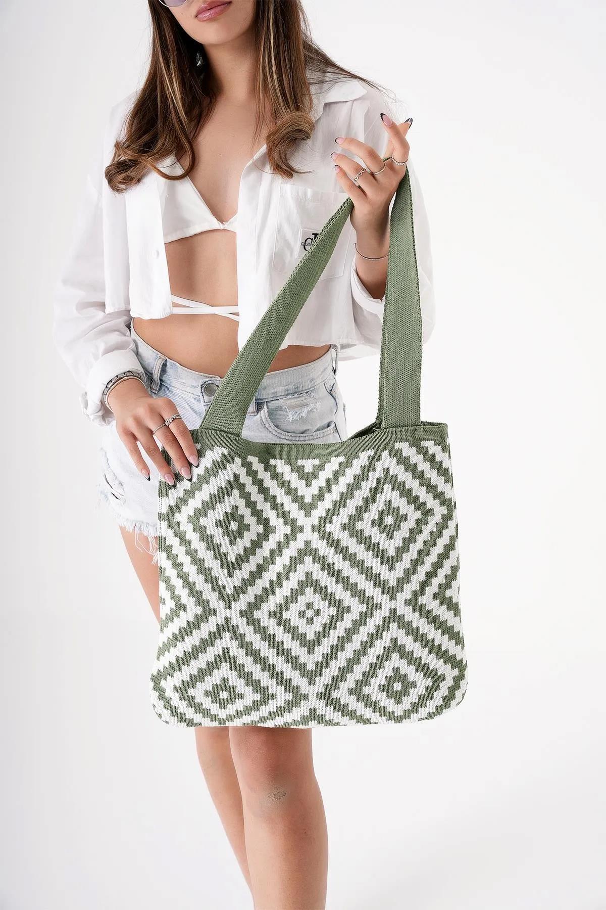 Chuba Kadın Etnik Desen Triko Örgü Gündelik Shopper El & Omuz Çantası CHAX810 Yeşil