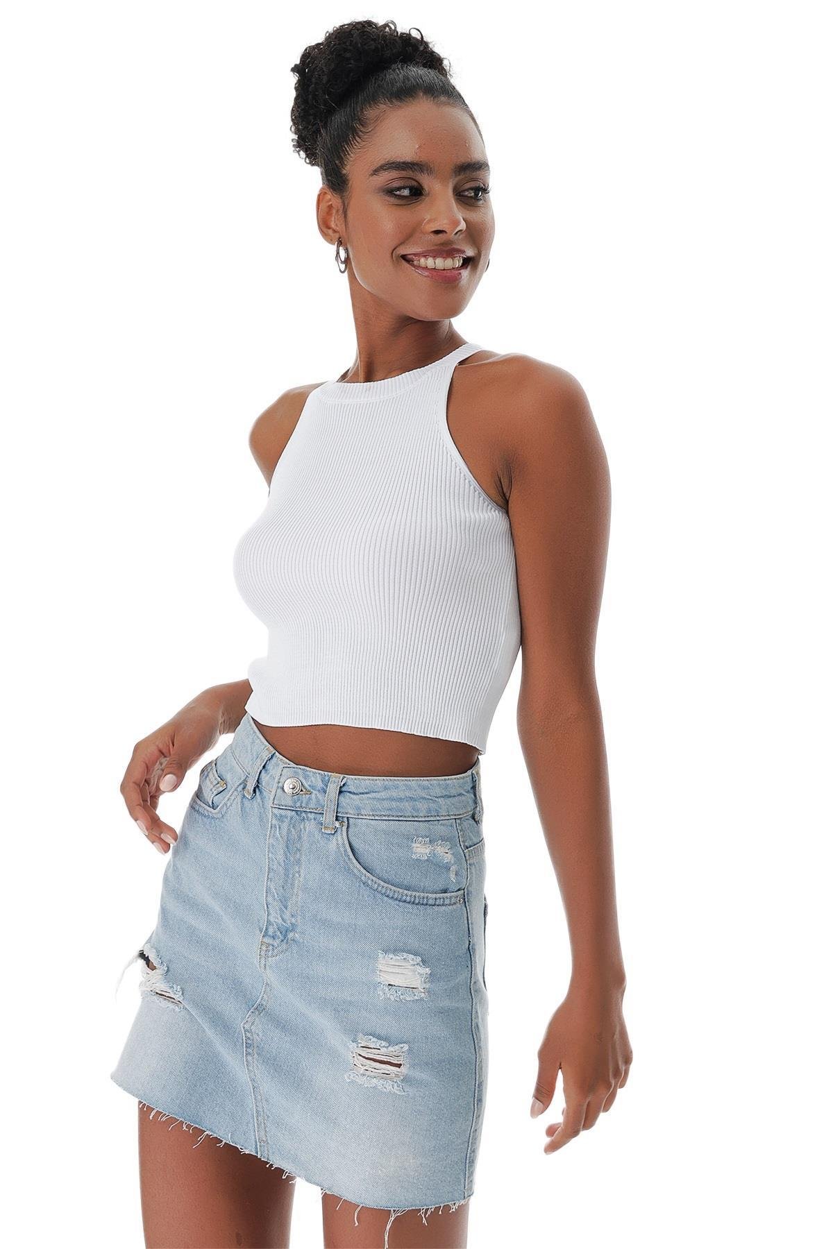 Chuba Kadın Halter Yaka Fitilli Triko Crop Beyaz 23S1008