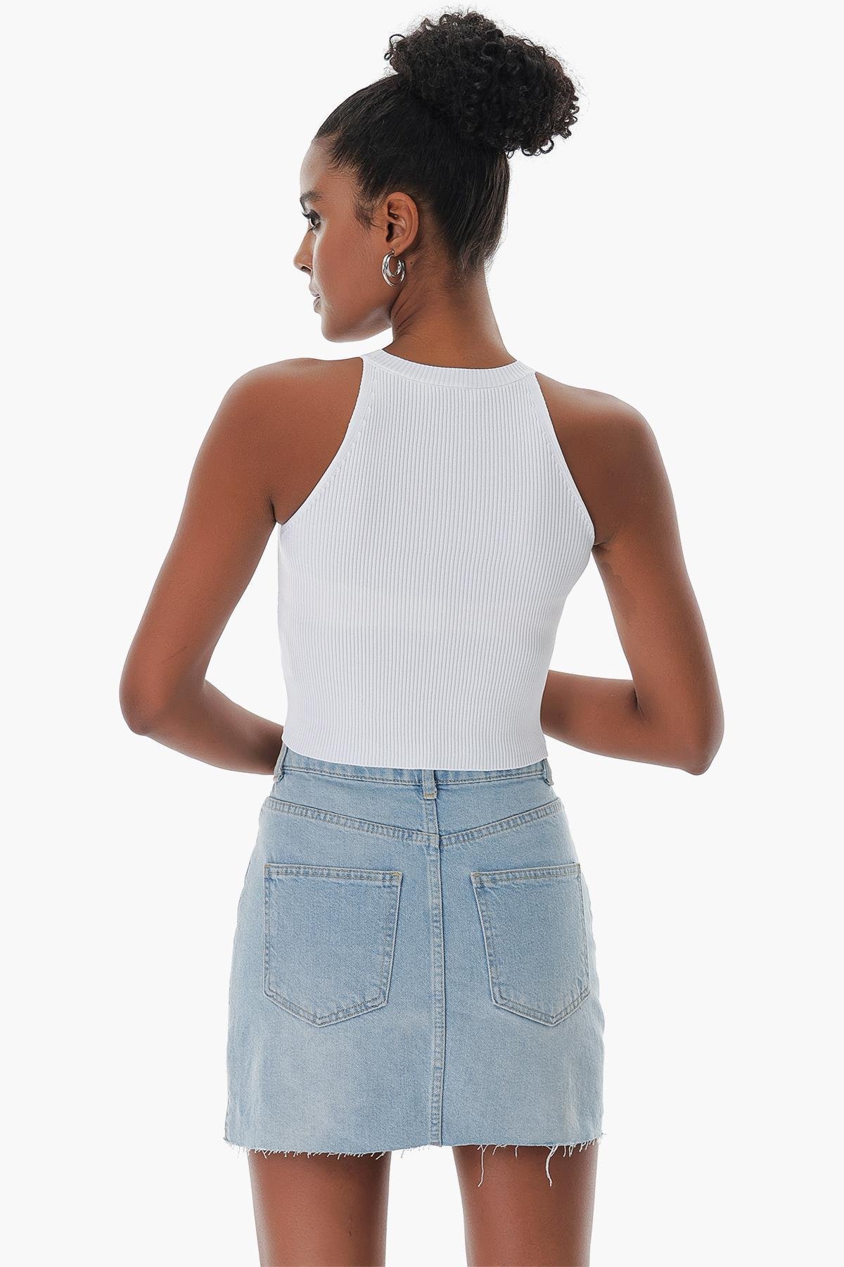 Chuba Kadın Halter Yaka Fitilli Triko Crop Beyaz 23S1008